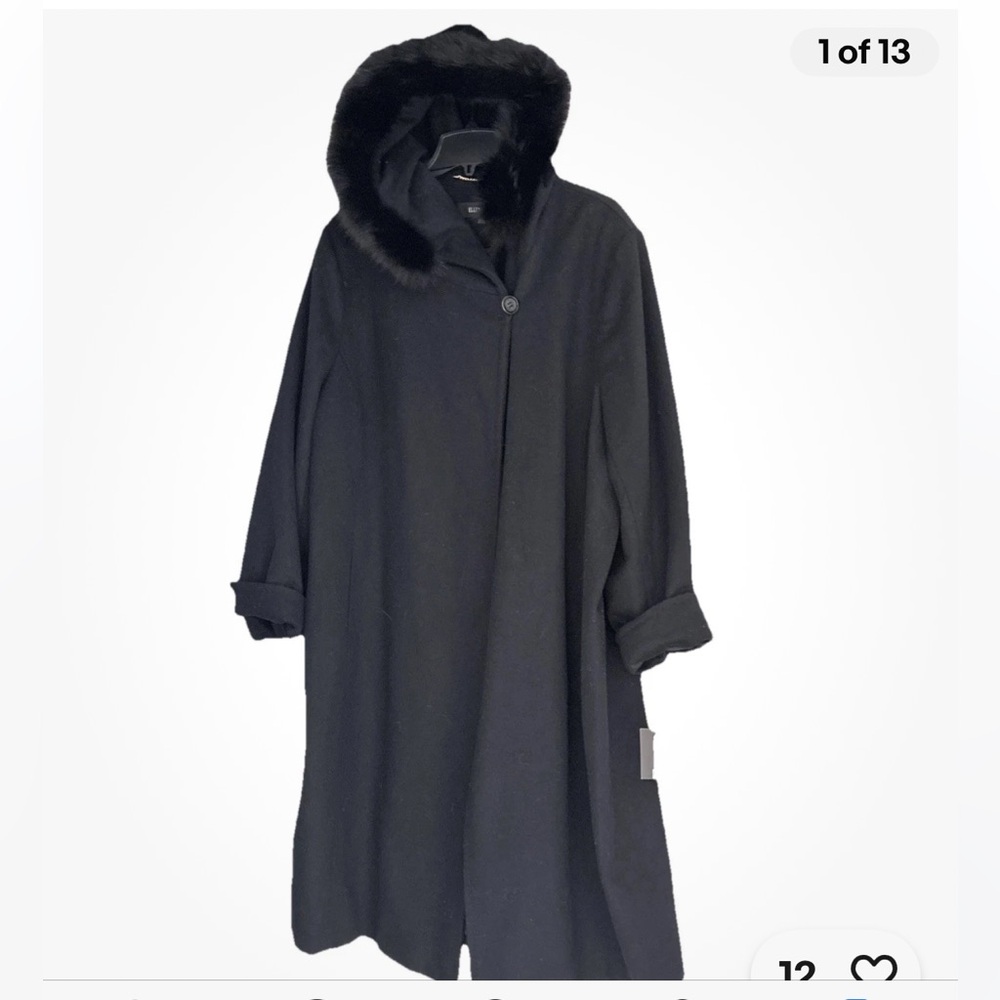 Ellen Tracy Elegant Black Trench Coat with Fur Trim